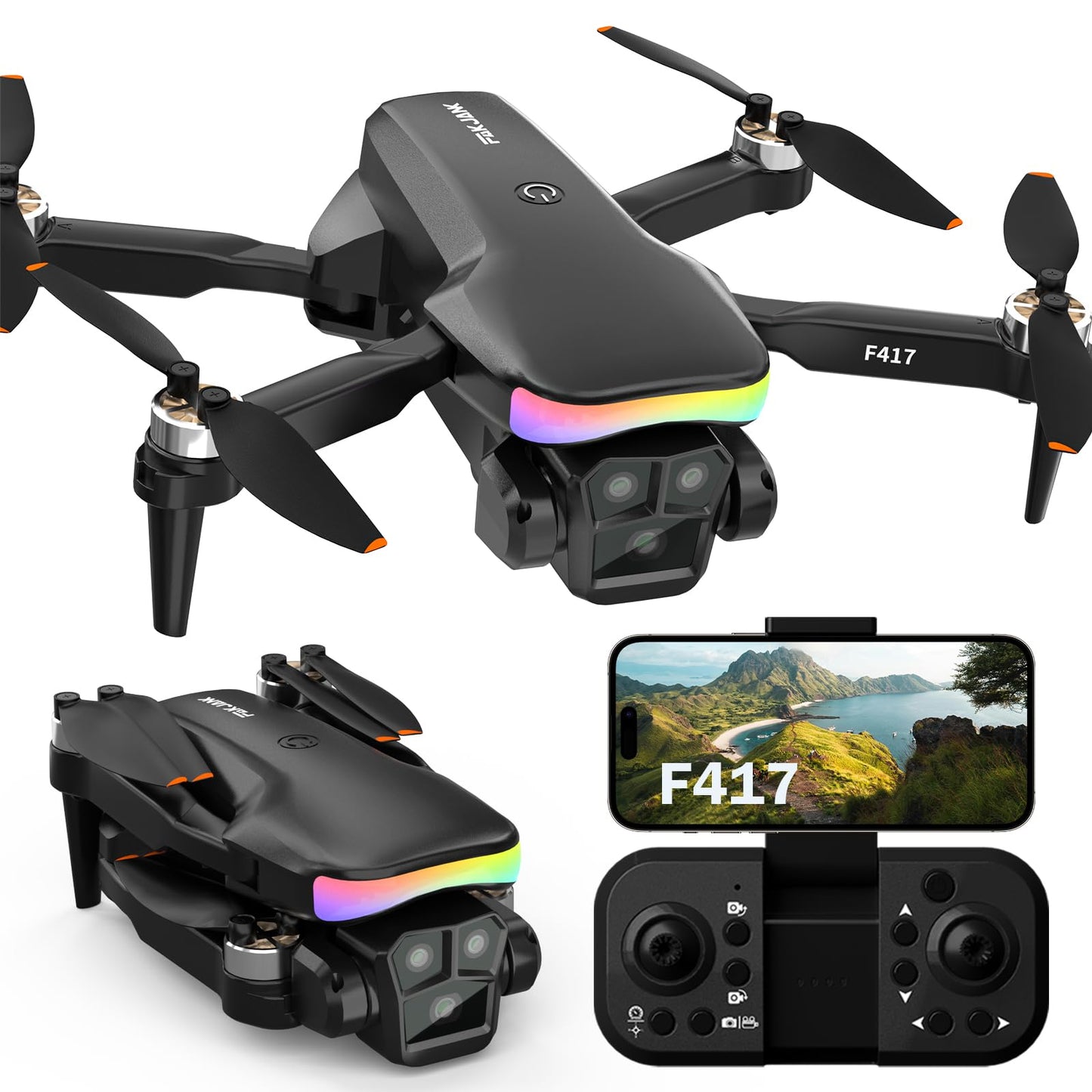 F417 Drone with Camera 1080P HD Dual Camera,90° Adjustable Angle,LED Bar,Optical Flow Tracking,Modular Battery,APP Control,One-button Takeoff/Landing,3D Flip,for Boys and Girls&Beginners,C0