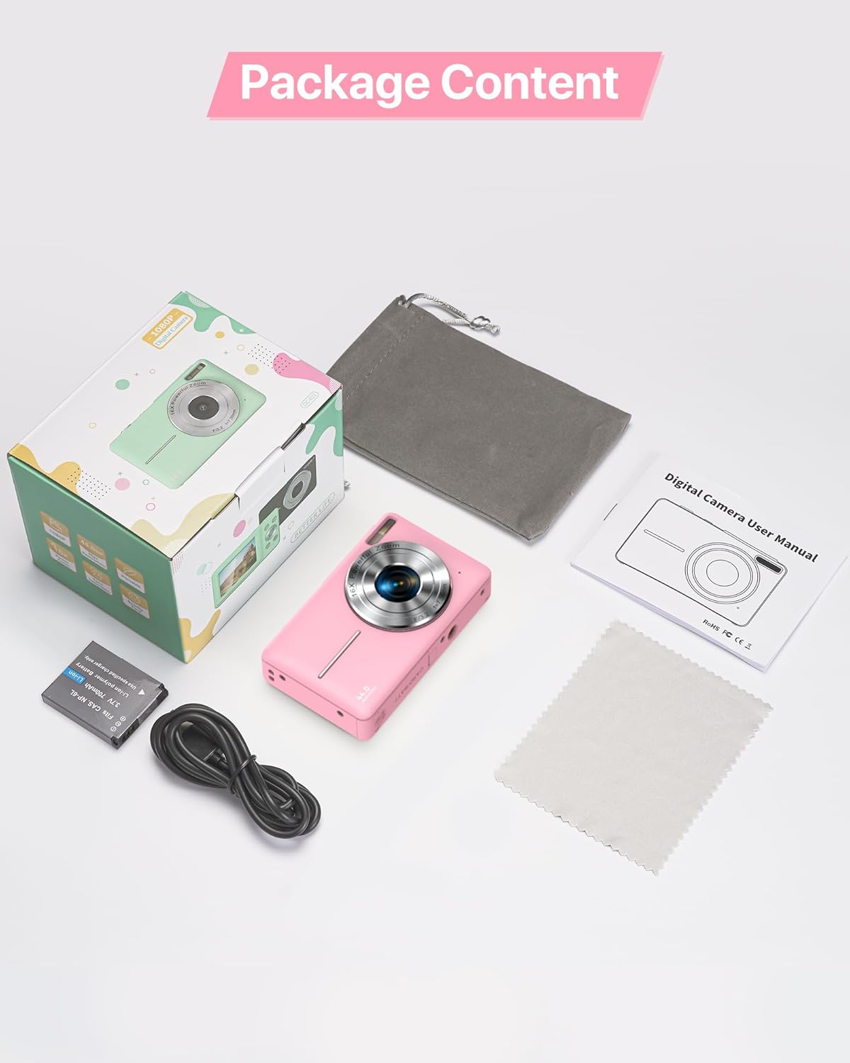 Digital Camera 1080P, 44MP FHD Compact Digital Camera, 16X Digital Zoom Portable Photo Camera with 2.4" LCD Screen, 1 Battery, Vlogging Camera for Kids, Beginners, Teens, Students-Pink (No SD Card)