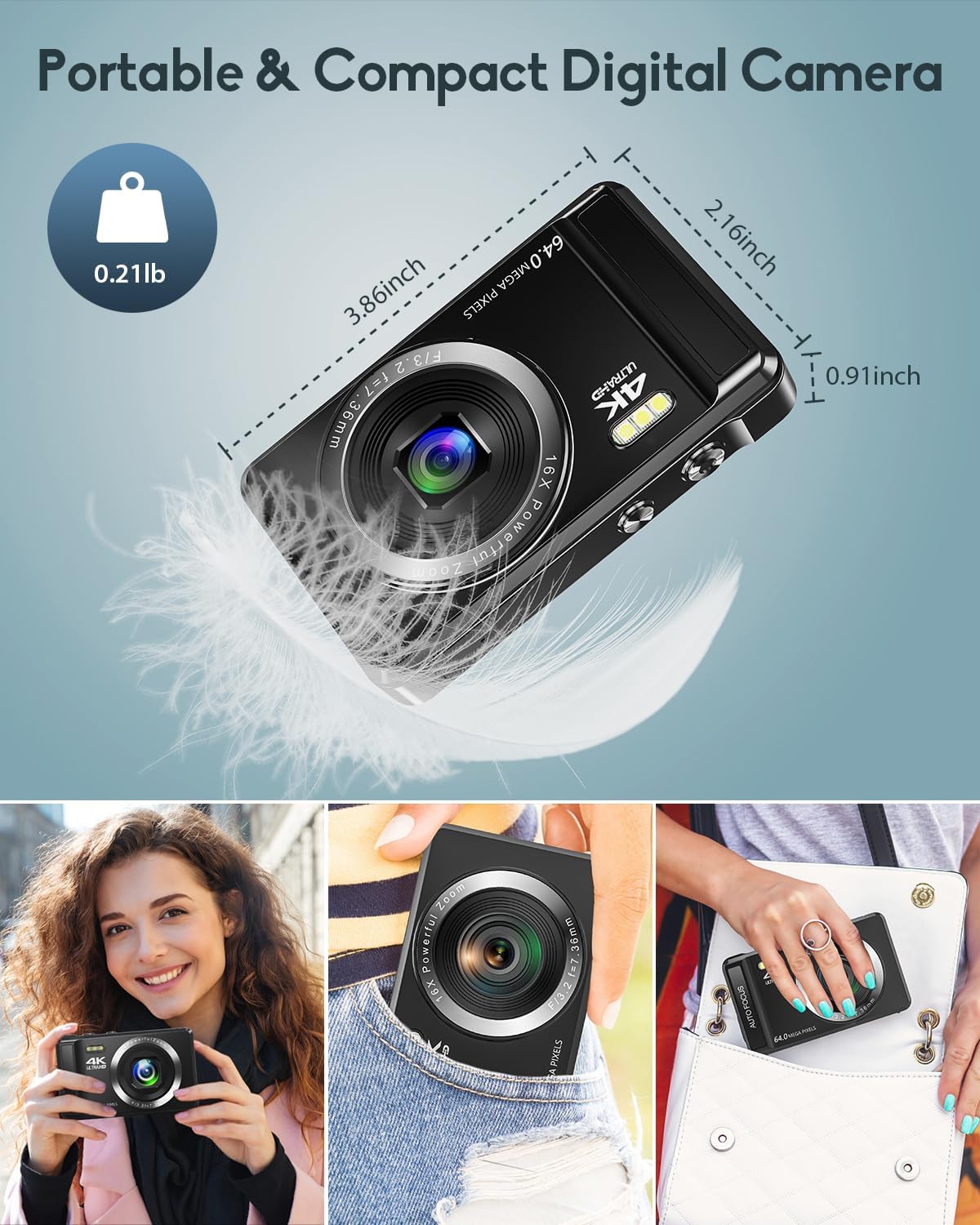 Digital Camera-Autofocus UHD Compact Camera, 4K 64MP vlogging Camera with 1200mAh Batteries, 16X Digital Zoom for Kids Beginners Teenagers