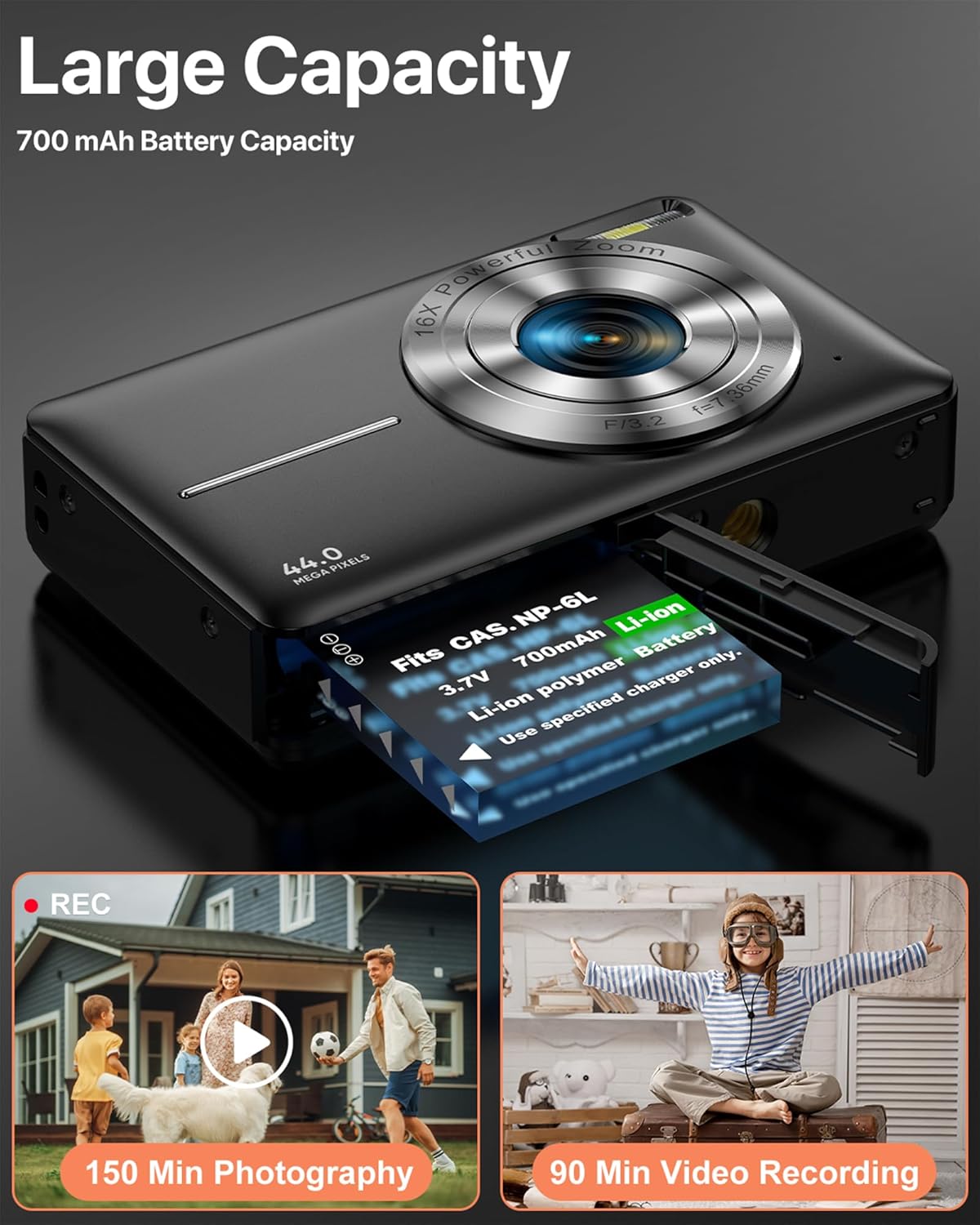 Digital Camera 1080P, 44MP FHD Compact Digital Camera, 16X Digital Zoom Portable Photo Camera with 2.4" LCD Screen, 1 Battery, Vlogging Camera for Kids, Beginners, Teens, Students-Black (No SD Card)