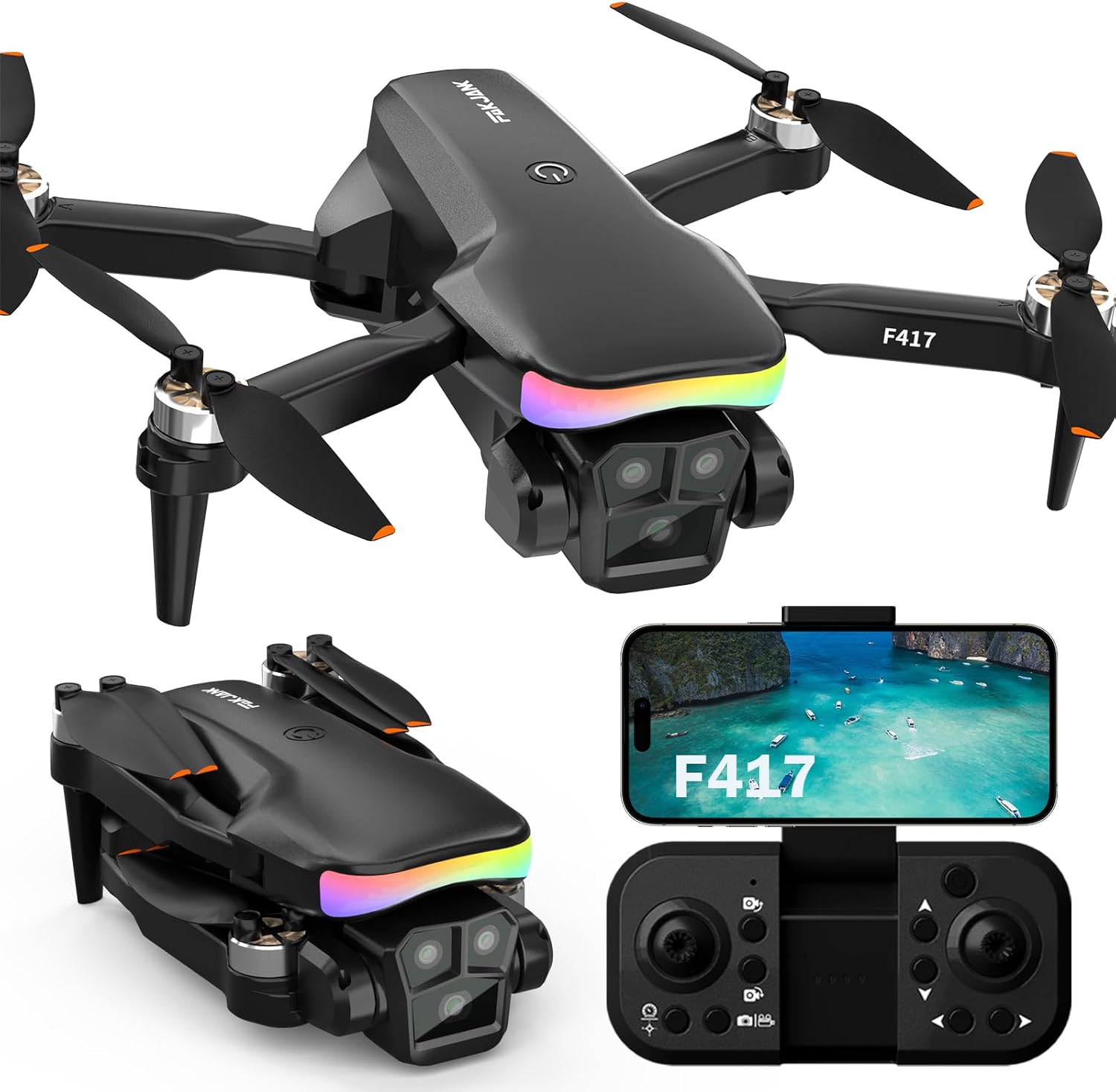 F417 Drone with Camera 1080P HD Dual Camera,90° Adjustable Angle,LED Bar,Optical Flow Tracking,Modular Battery,APP Control,One-button Takeoff/Landing,3D Flip,for Boys and Girls&Beginners,C0