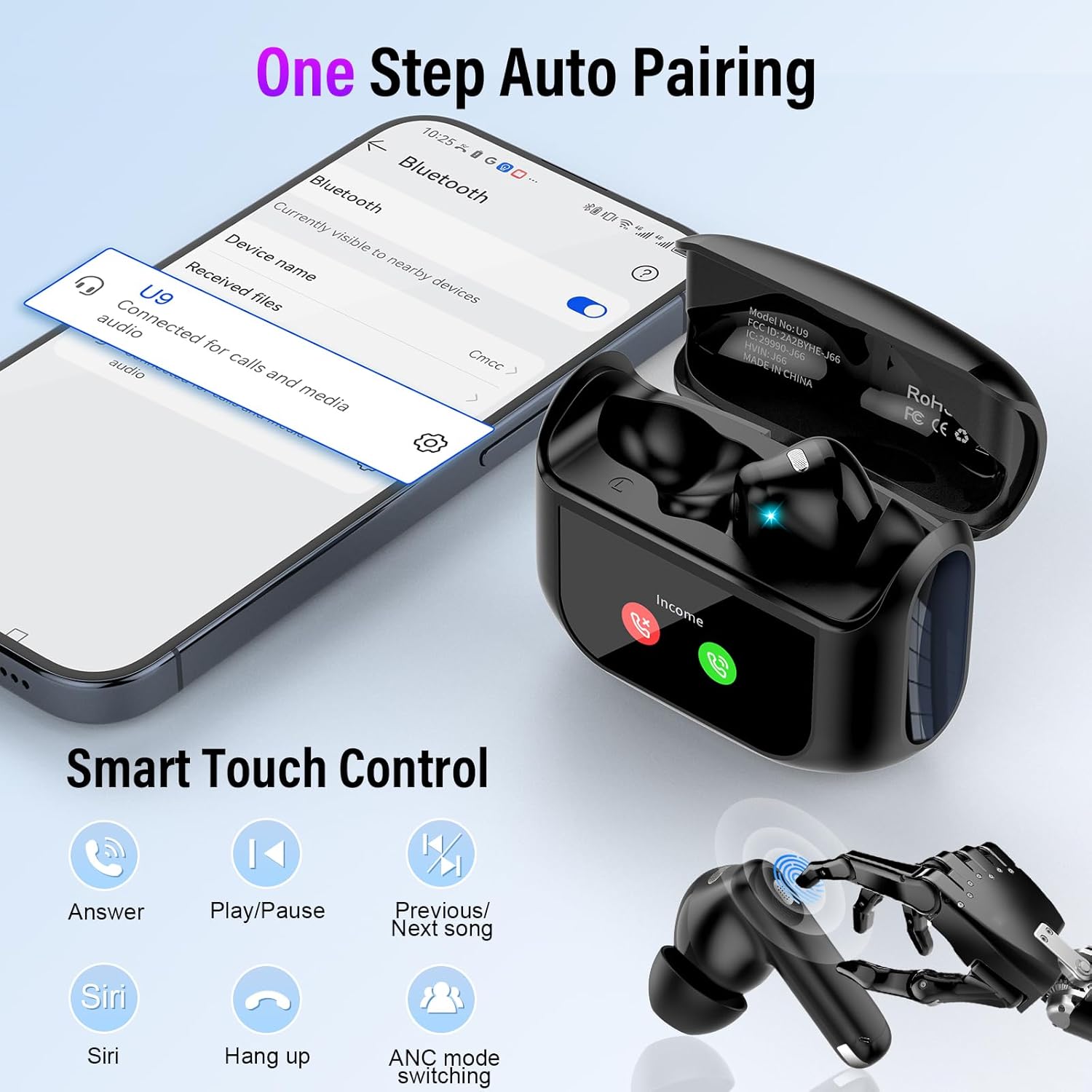 Thunelec Wireless Earbuds, 48H Smart Touch Screen Ear Buds Wireless Bluetooth 5.4 Headphones In Ear, ANC/ENC Noise Cancelling Mic Bluetooth Earbuds, 5 EQ Modes, HiFi Stereo, IPX7 Waterproof Earphones