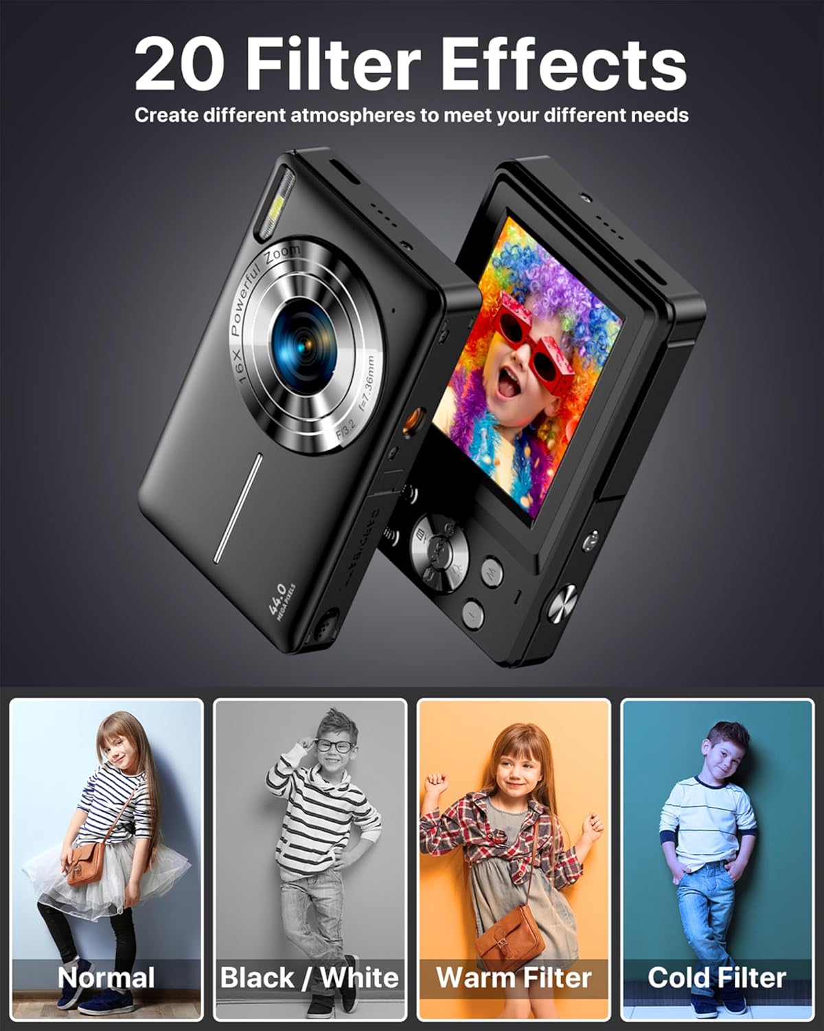 Digital Camera 1080P, 44MP FHD Compact Digital Camera, 16X Digital Zoom Portable Photo Camera with 2.4" LCD Screen, 1 Battery, Vlogging Camera for Kids, Beginners, Teens, Students-Black (No SD Card)