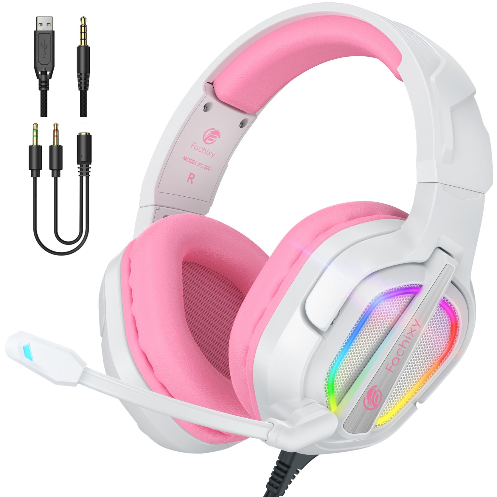 Fachixy FC200 Gaming Headset for PS4, PS5, Xbox, Switch, PC, Computer Headset with Microphone, 3.5mm Gaming Headphones with RGB Light