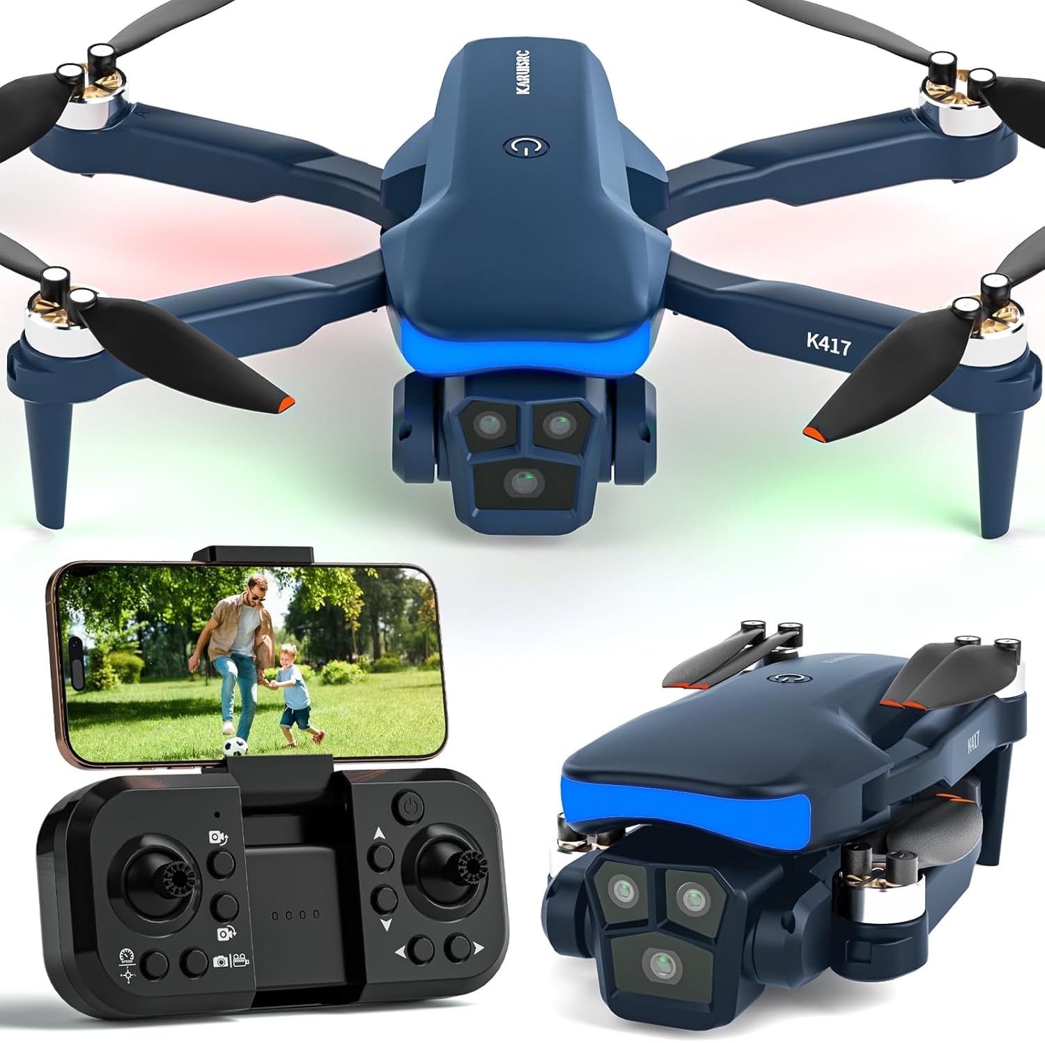 K417 Drone with Dual Camera 1080P, LED Blue Lamp Brushless Drones with Electric camrea, RC Quadcopter APP Drone for Kids and Adults, Altitude Hold and Headless Mode for Beginners, 3D Flip