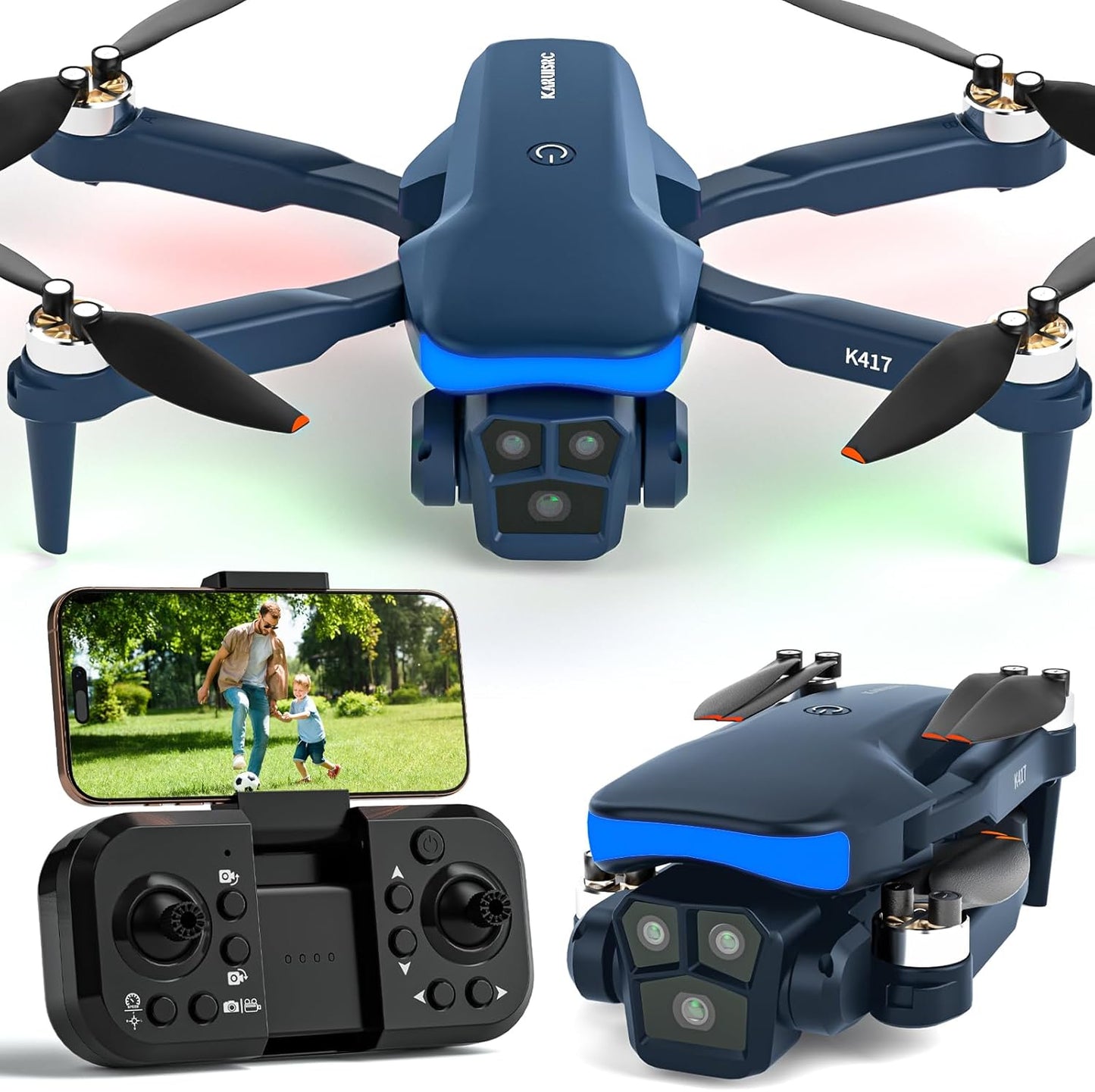 K417 Drone with Dual Camera 1080P, LED Blue Lamp Brushless Drones with Electric camrea, RC Quadcopter APP Drone for Kids and Adults, Altitude Hold and Headless Mode for Beginners, 3D Flip