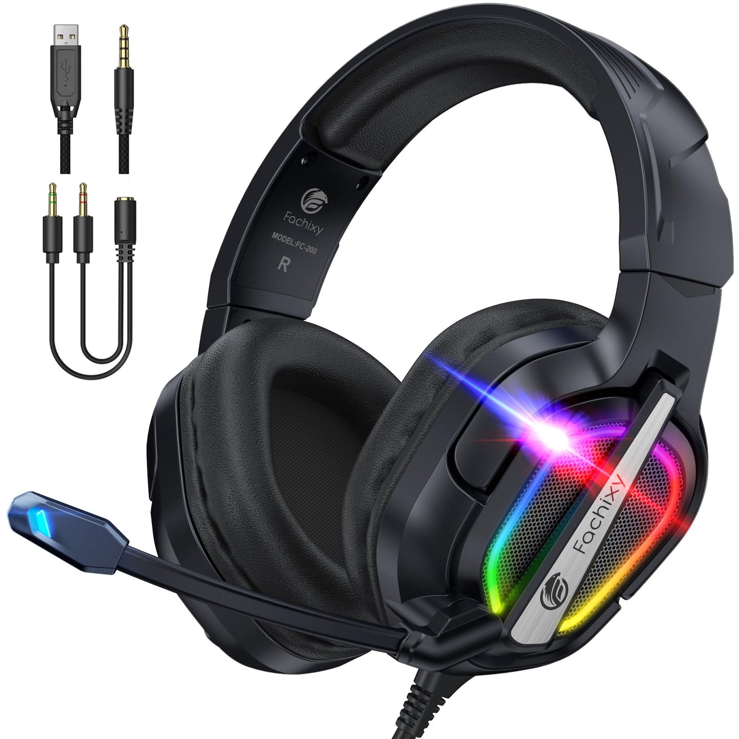 Fachixy FC200 Gaming Headset for PS4, PS5, Xbox, Switch, PC, Computer Headset with Microphone, 3.5mm Gaming Headphones with RGB Light
