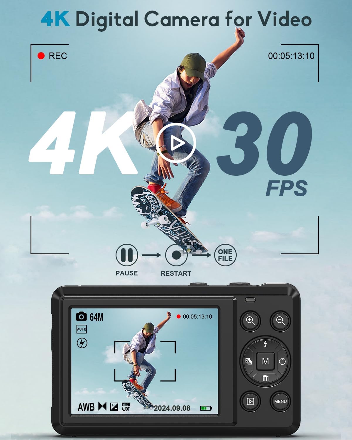 Digital Camera-Autofocus UHD Compact Camera, 4K 64MP vlogging Camera with 1200mAh Batteries, 16X Digital Zoom for Kids Beginners Teenagers