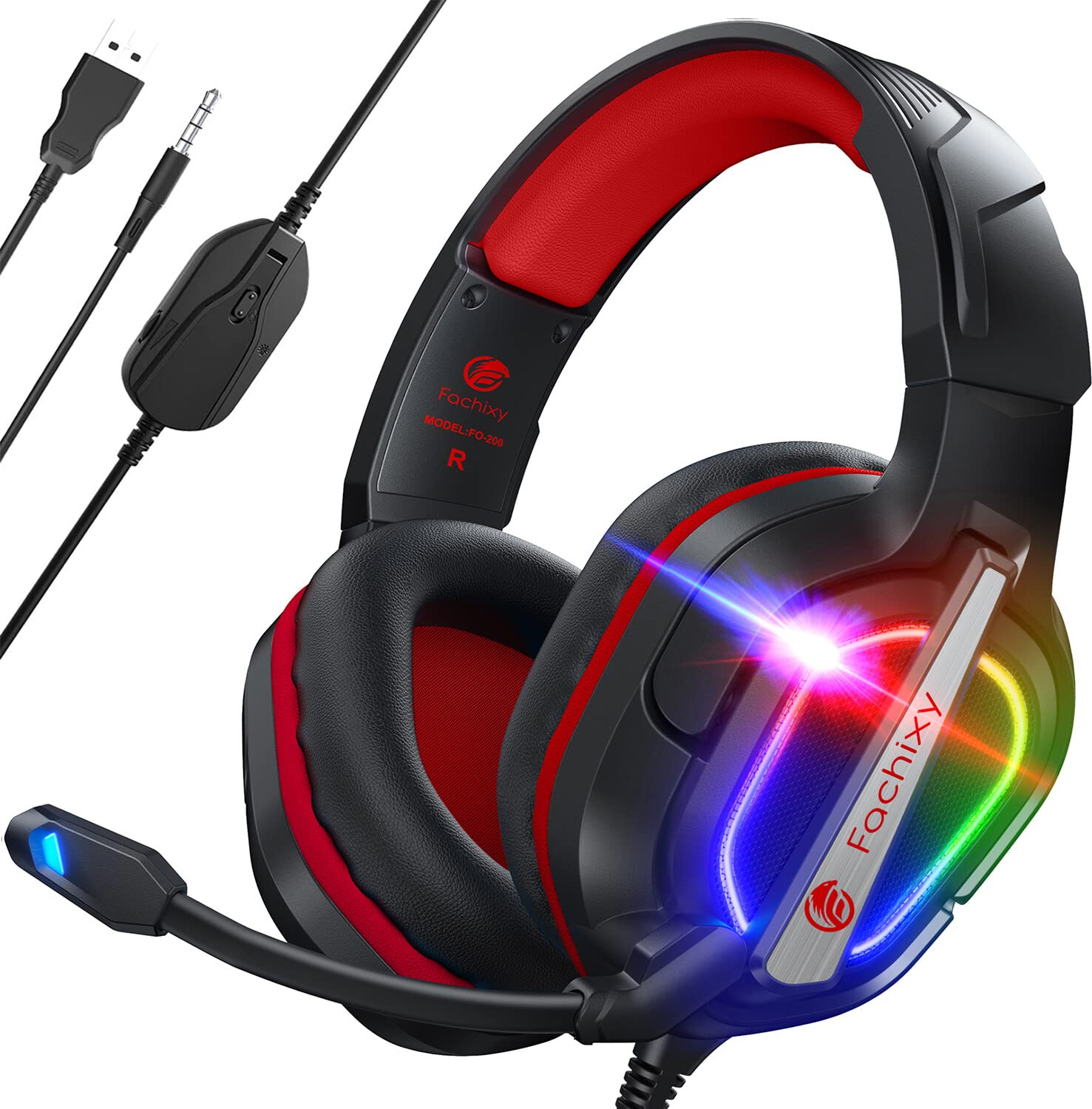 Fachixy FC200 Gaming Headset for PS4, PS5, Xbox, Switch, PC, Computer Headset with Microphone, 3.5mm Gaming Headphones with RGB Light