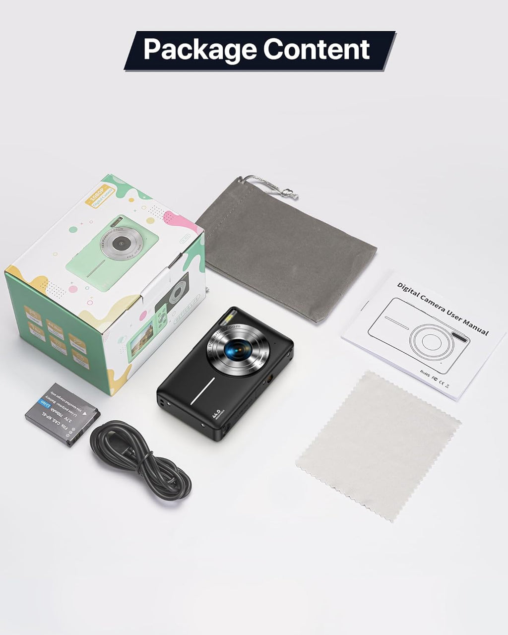 Digital Camera 1080P, 44MP FHD Compact Digital Camera, 16X Digital Zoom Portable Photo Camera with 2.4" LCD Screen, 1 Battery, Vlogging Camera for Kids, Beginners, Teens, Students-Black (No SD Card)