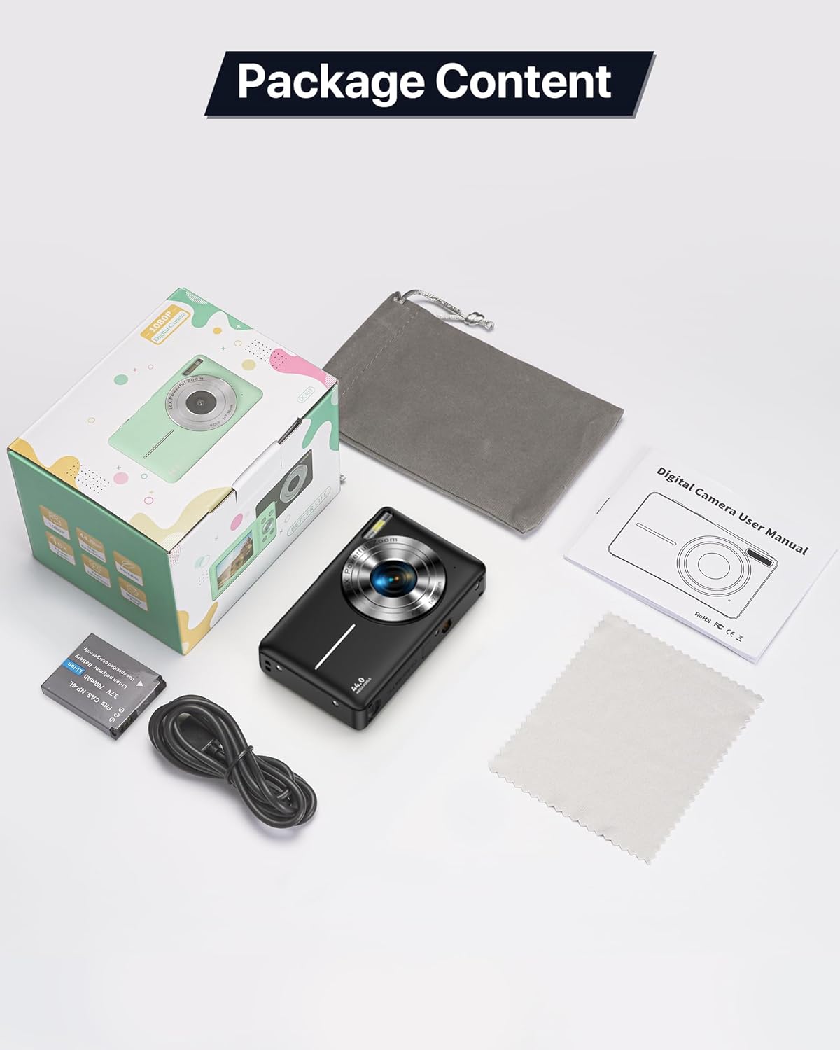 Digital Camera 1080P, 44MP FHD Compact Digital Camera, 16X Digital Zoom Portable Photo Camera with 2.4" LCD Screen, 1 Battery, Vlogging Camera for Kids, Beginners, Teens, Students-Black (No SD Card)