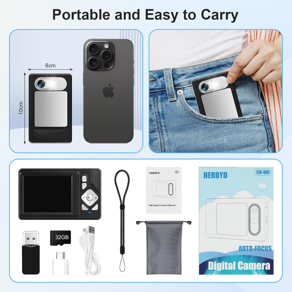 Digital Camera 4K - 48MP UHD Autofocus with 2.83" LCD Screen, 18X Digital Zoom Anti-Shake Photography Vlogging Compact Camera with 32gb SD Card for Kids Students Beginners Teens