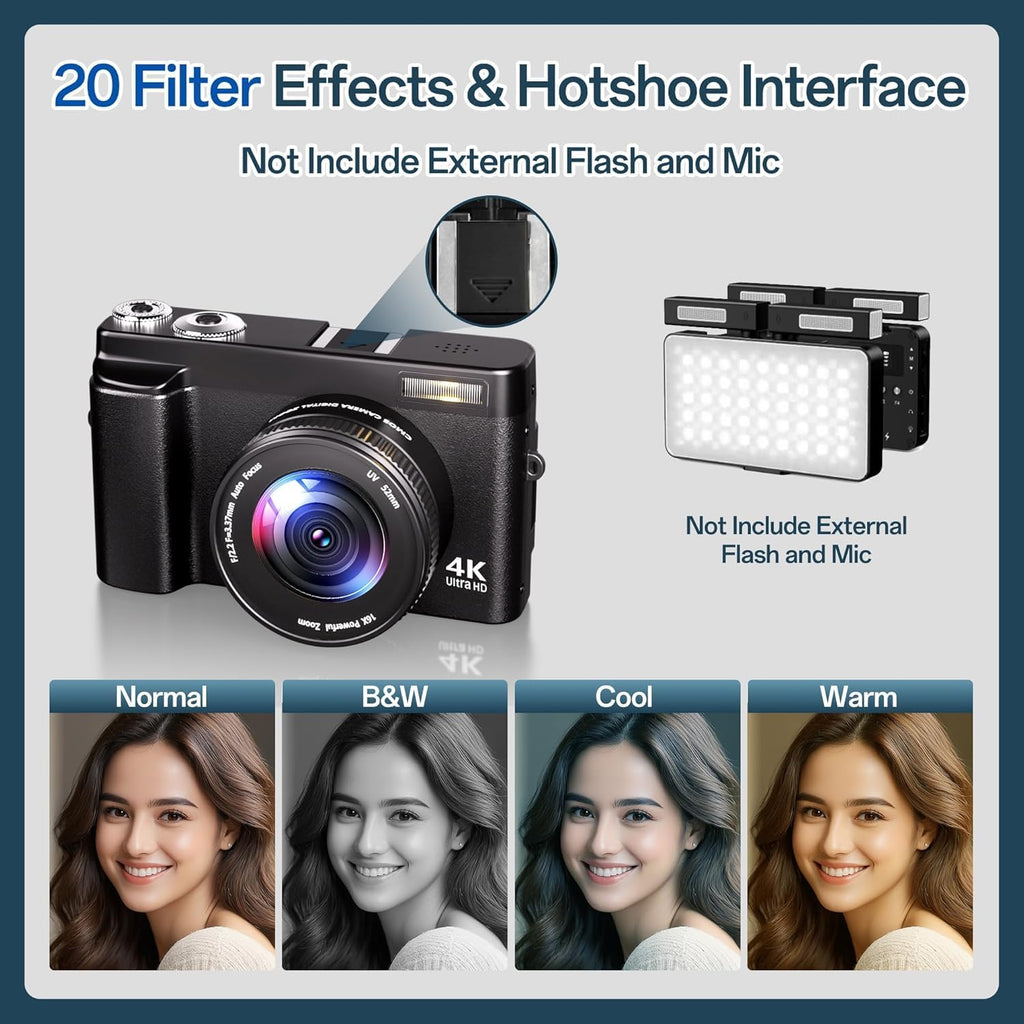 Digital Camera 4K, 48MP 16X Autofocus Digital Zoom Photo Camera, 3 Inch 180° Flip LCD Screen Compact Vlogging Photography Camera with Charging Station, 2 Batteries, 32GB Card for Children, Beginners