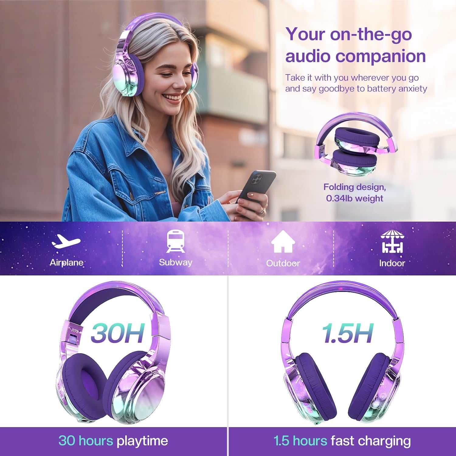 JYPS Kids Headphones Wireless,Metallic Childrens Bluetooth Headphones with Mic,Wireless & Wired Kids Headphones Over Ear for Teenage Girls,Toddler Headphone for iPad/Fire Tablet/School