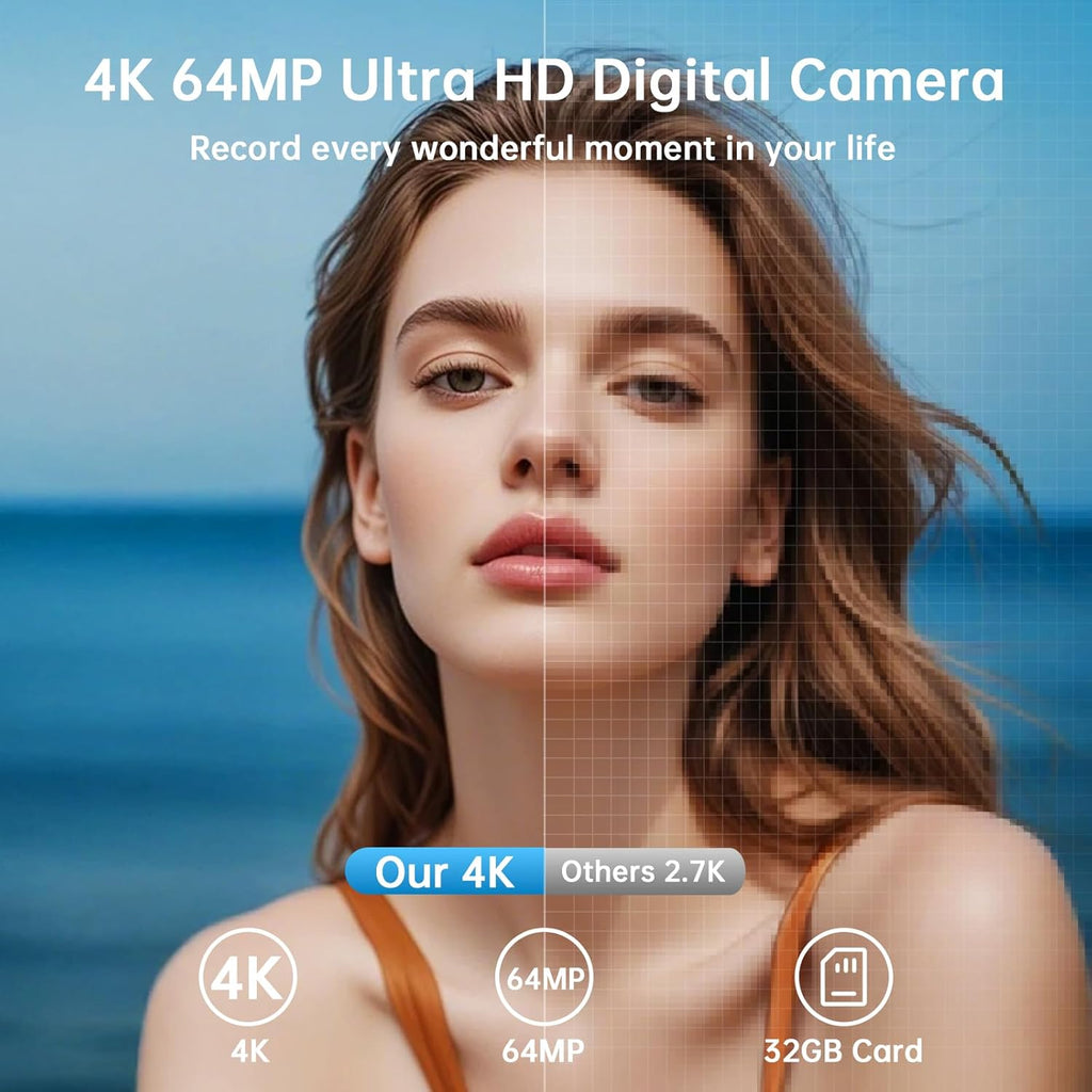 Digital Camera with WiFi, 4K 64MP Autofocus Vlogging Camera for YouTube with SD Card 3.0" 180° Flip Screen 16X Digital Zoom Anti-Shake Charging Station, 2 * Batteries for Teenagers, Beginners, Adults