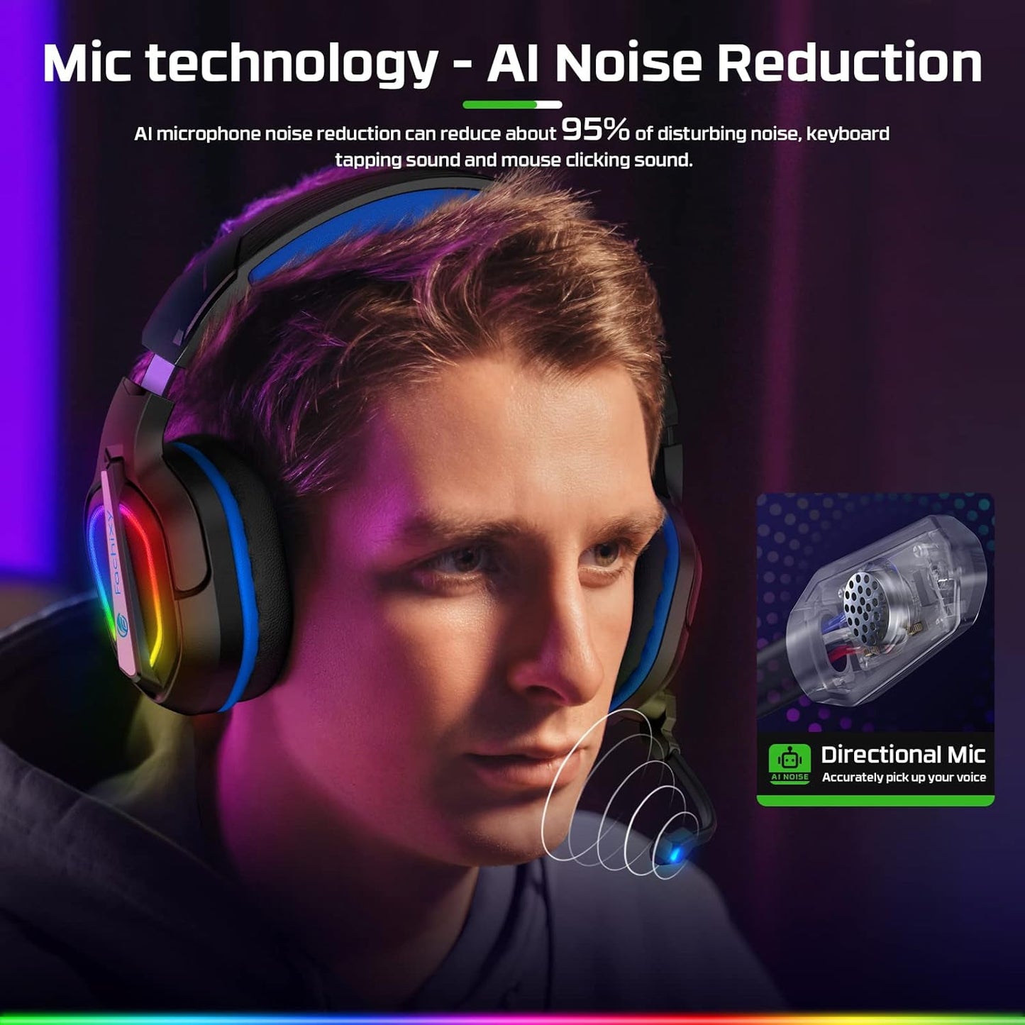 Fachixy FC200 Gaming Headset for PS4, PS5, Xbox, Switch, PC, Computer Headset with Microphone, 3.5mm Gaming Headphones with RGB Light