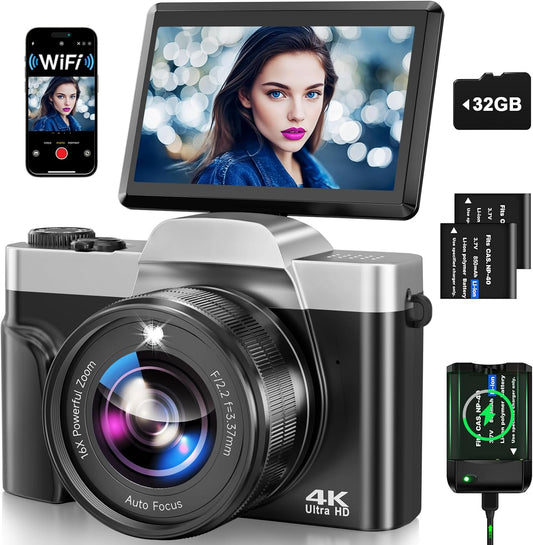 Digital Camera with WiFi, 4K 64MP Autofocus Vlogging Camera for YouTube with SD Card 3.0" 180° Flip Screen 16X Digital Zoom Anti-Shake Charging Station, 2 * Batteries for Teenagers, Beginners, Adults