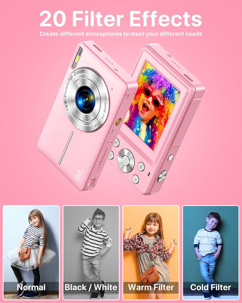 Digital Camera 1080P, 44MP FHD Compact Digital Camera, 16X Digital Zoom Portable Photo Camera with 2.4" LCD Screen, 1 Battery, Vlogging Camera for Kids, Beginners, Teens, Students-Pink (No SD Card)