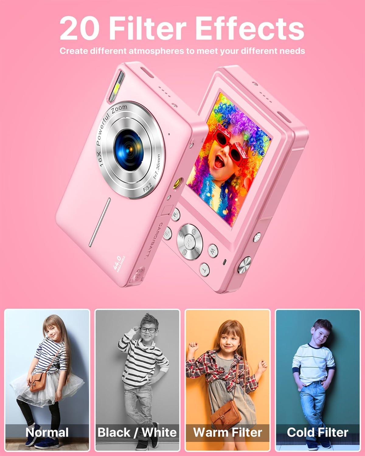 Digital Camera 1080P, 44MP FHD Compact Digital Camera, 16X Digital Zoom Portable Photo Camera with 2.4" LCD Screen, 1 Battery, Vlogging Camera for Kids, Beginners, Teens, Students-Pink (No SD Card)