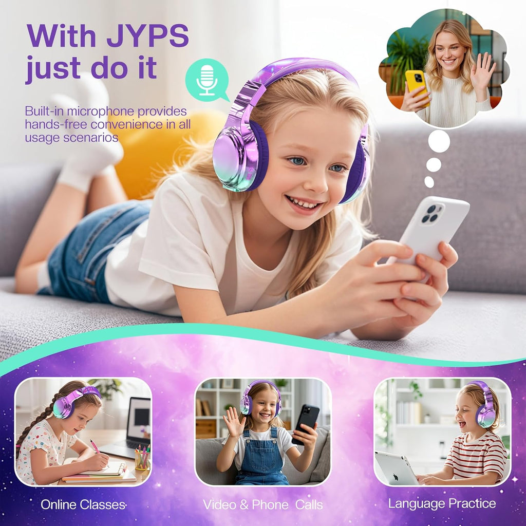 JYPS Kids Headphones Wireless,Metallic Childrens Bluetooth Headphones with Mic,Wireless & Wired Kids Headphones Over Ear for Teenage Girls,Toddler Headphone for iPad/Fire Tablet/School