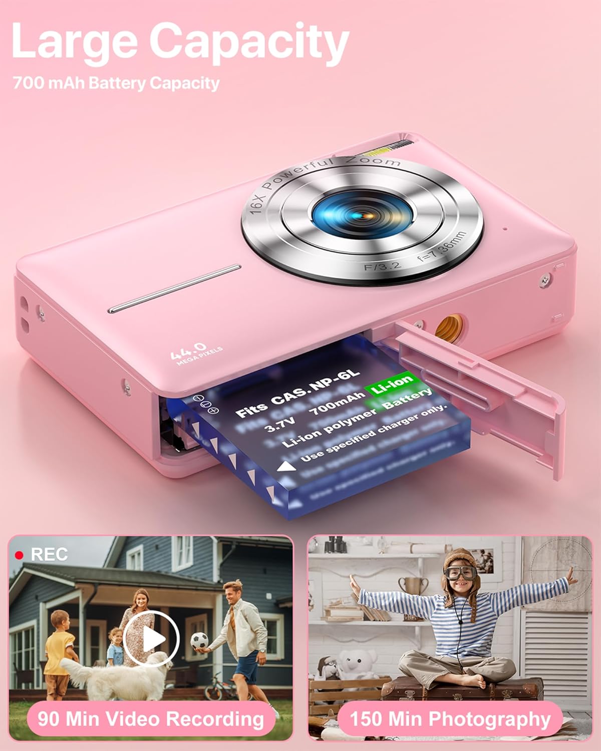 Digital Camera 1080P, 44MP FHD Compact Digital Camera, 16X Digital Zoom Portable Photo Camera with 2.4" LCD Screen, 1 Battery, Vlogging Camera for Kids, Beginners, Teens, Students-Pink (No SD Card)