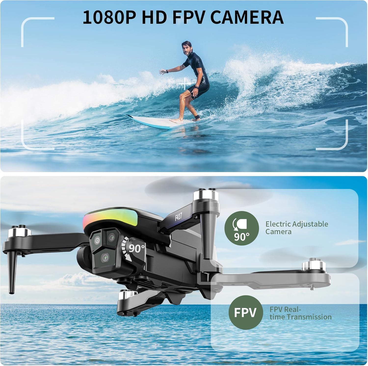 F417 Drone with Camera 1080P HD Dual Camera,90° Adjustable Angle,LED Bar,Optical Flow Tracking,Modular Battery,APP Control,One-button Takeoff/Landing,3D Flip,for Boys and Girls&Beginners,C0