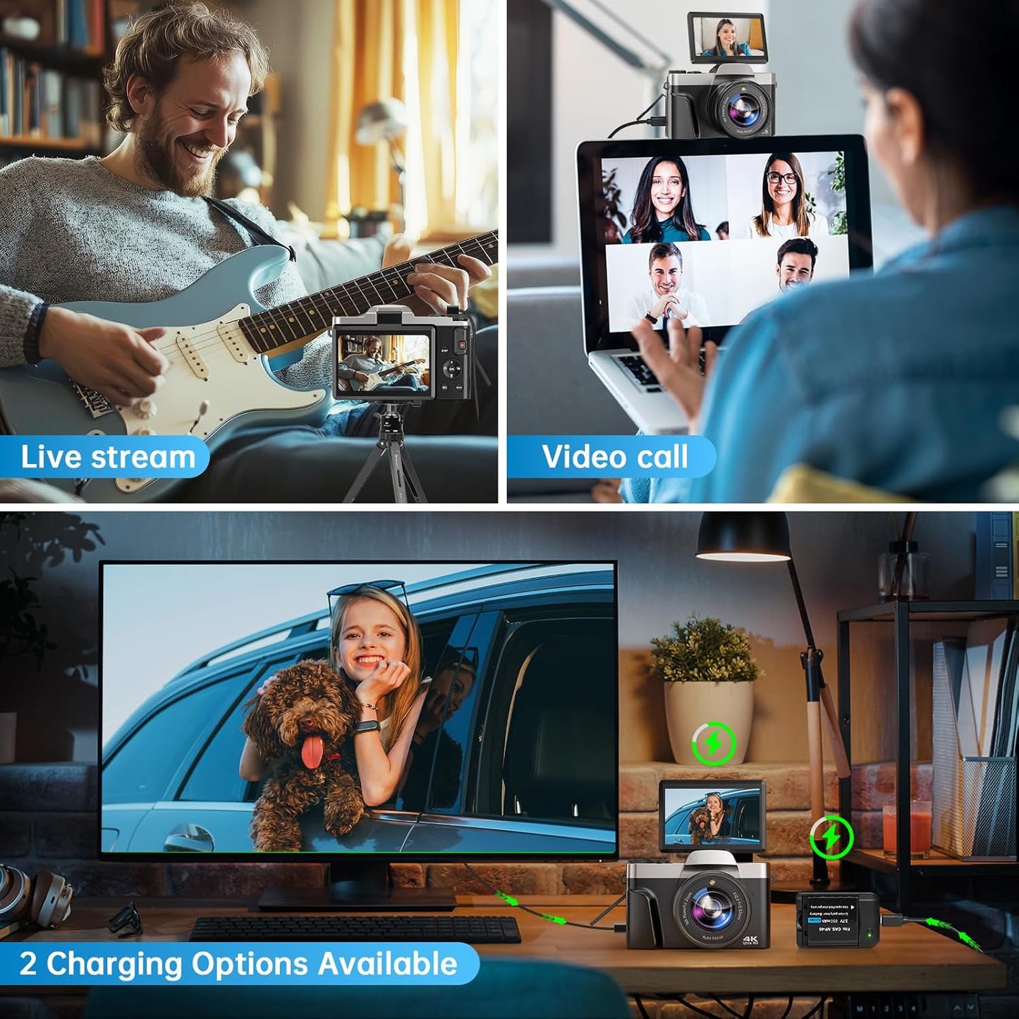 Digital Camera with WiFi, 4K 64MP Autofocus Vlogging Camera for YouTube with SD Card 3.0" 180° Flip Screen 16X Digital Zoom Anti-Shake Charging Station, 2 * Batteries for Teenagers, Beginners, Adults