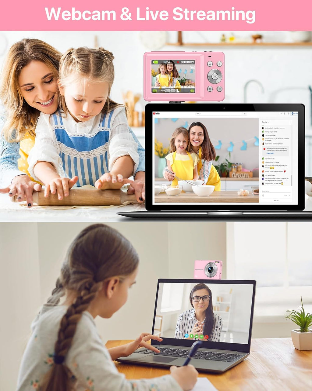 Digital Camera 1080P, 44MP FHD Compact Digital Camera, 16X Digital Zoom Portable Photo Camera with 2.4" LCD Screen, 1 Battery, Vlogging Camera for Kids, Beginners, Teens, Students-Pink (No SD Card)