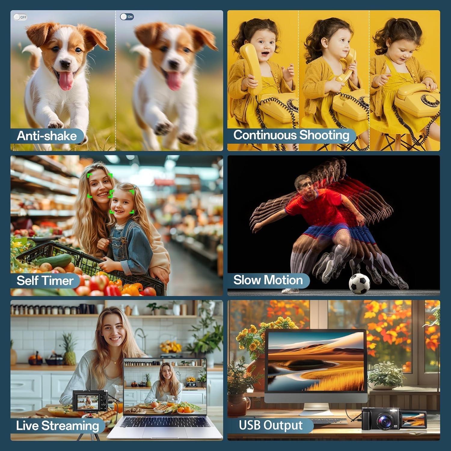 Digital Camera 4K, 48MP 16X Autofocus Digital Zoom Photo Camera, 3 Inch 180° Flip LCD Screen Compact Vlogging Photography Camera with Charging Station, 2 Batteries, 32GB Card for Children, Beginners