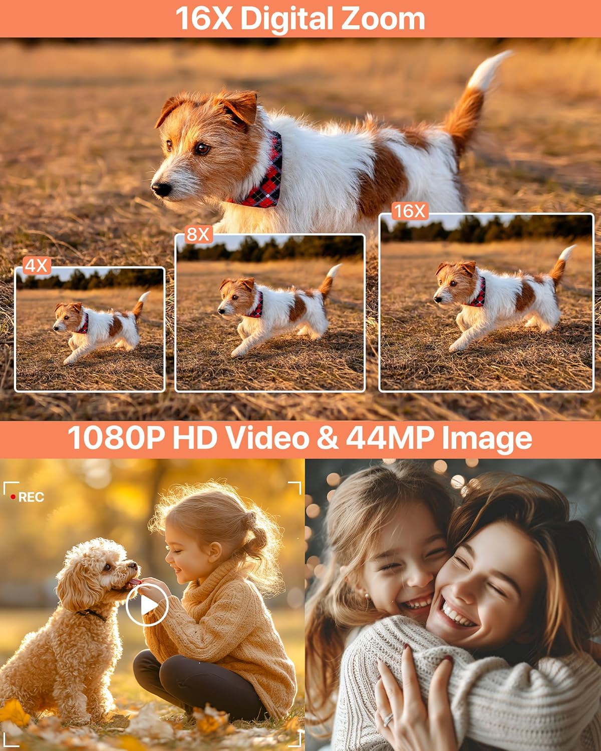 Digital Camera 1080P, 44MP FHD Compact Digital Camera, 16X Digital Zoom Portable Photo Camera with 2.4" LCD Screen, 1 Battery, Vlogging Camera for Kids, Beginners, Teens, Students-Black (No SD Card)