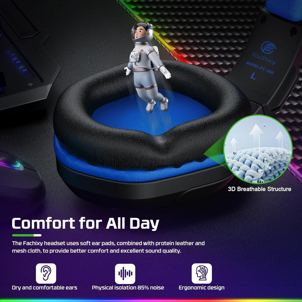 Fachixy FC200 Gaming Headset for PS4, PS5, Xbox, Switch, PC, Computer Headset with Microphone, 3.5mm Gaming Headphones with RGB Light