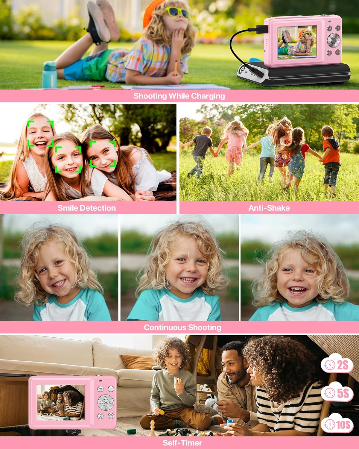 Digital Camera 1080P, 44MP FHD Compact Digital Camera, 16X Digital Zoom Portable Photo Camera with 2.4" LCD Screen, 1 Battery, Vlogging Camera for Kids, Beginners, Teens, Students-Pink (No SD Card)