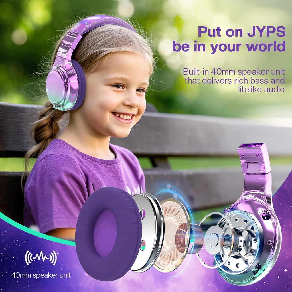 JYPS Kids Headphones Wireless,Metallic Childrens Bluetooth Headphones with Mic,Wireless & Wired Kids Headphones Over Ear for Teenage Girls,Toddler Headphone for iPad/Fire Tablet/School
