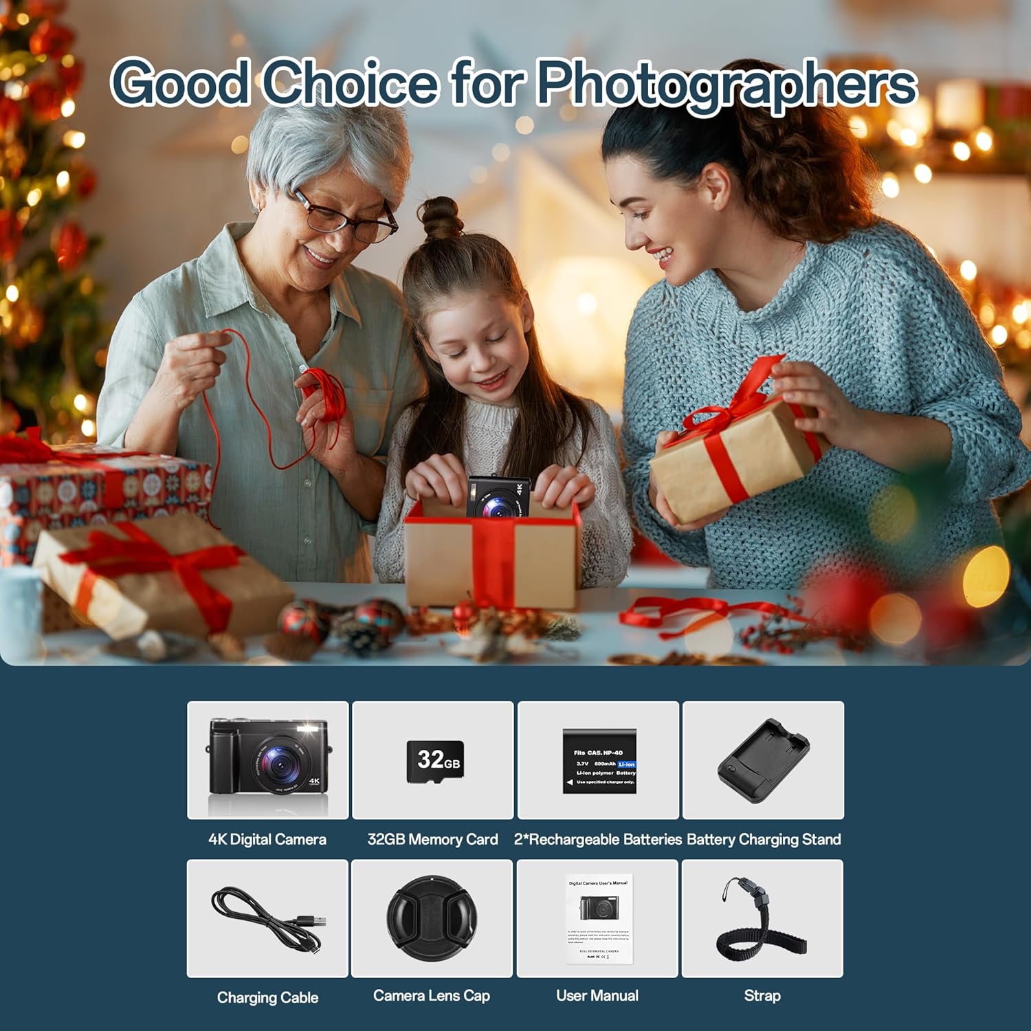 Digital Camera 4K, 48MP 16X Autofocus Digital Zoom Photo Camera, 3 Inch 180° Flip LCD Screen Compact Vlogging Photography Camera with Charging Station, 2 Batteries, 32GB Card for Children, Beginners