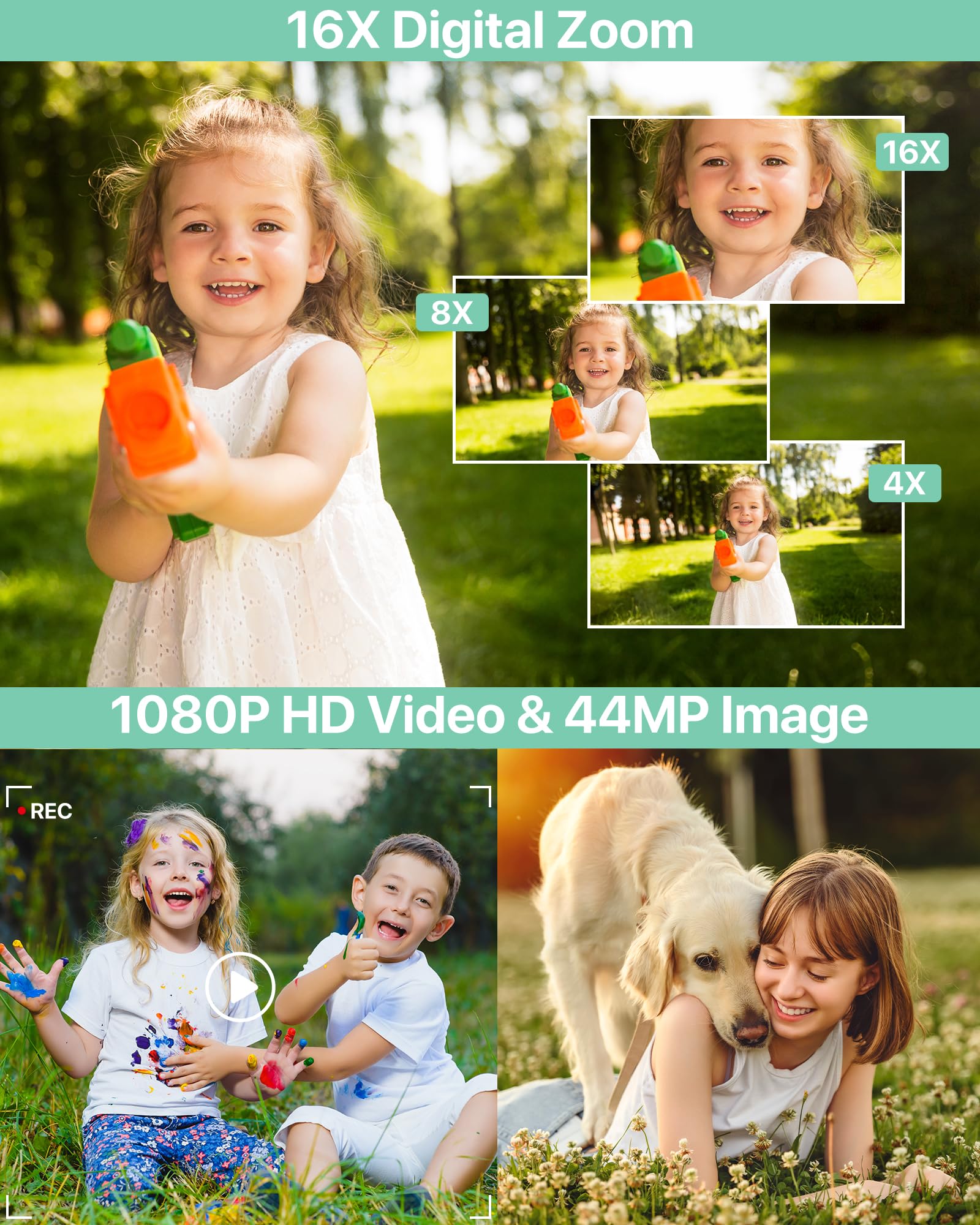 Digital Camera 1080P, 44MP FHD Compact Digital Camera, 16X Digital Zoom Portable Photo Camera with 2.4" LCD Screen, 1 Battery, Vlogging Camera for Kids, Beginners, Teens, Students-Black (No SD Card)