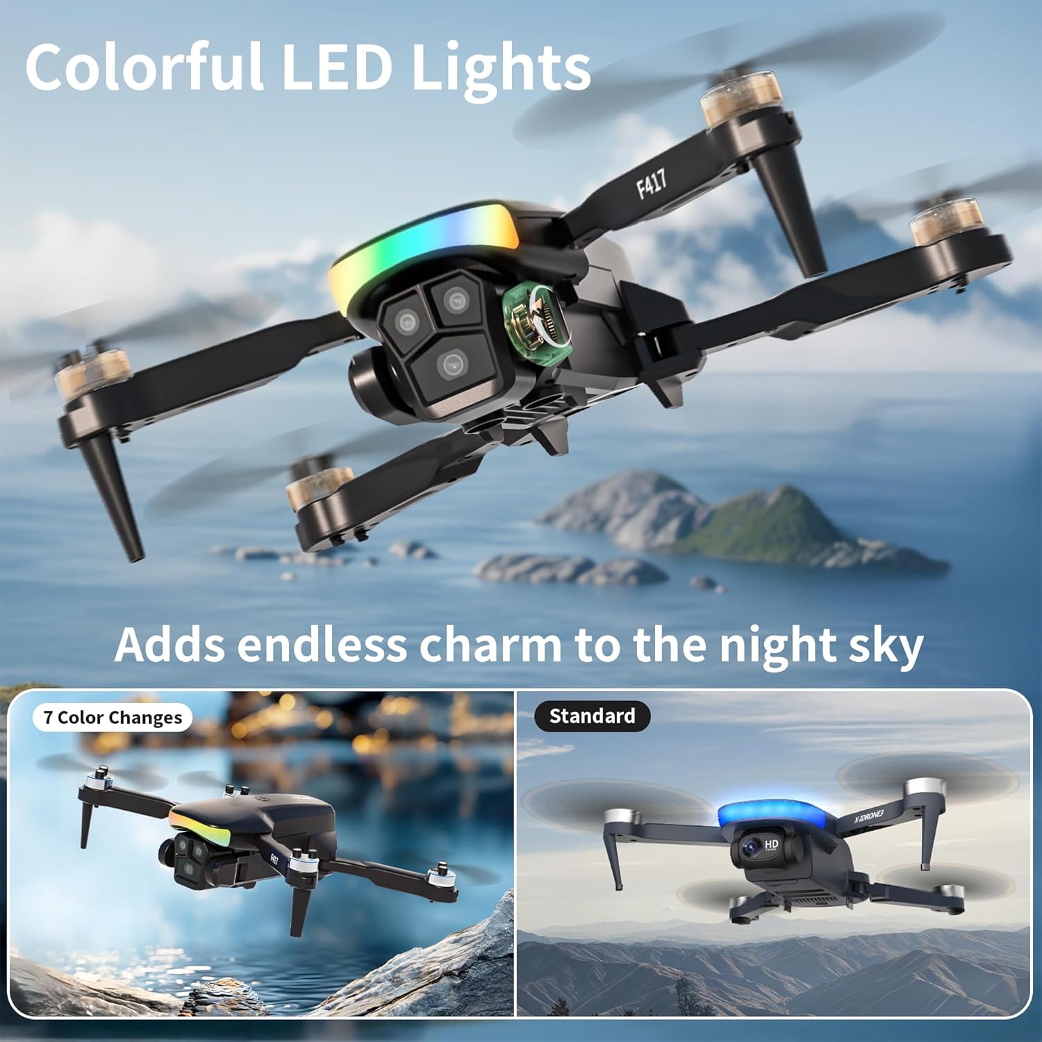 F417 Drone with Camera 1080P HD Dual Camera,90° Adjustable Angle,LED Bar,Optical Flow Tracking,Modular Battery,APP Control,One-button Takeoff/Landing,3D Flip,for Boys and Girls&Beginners,C0